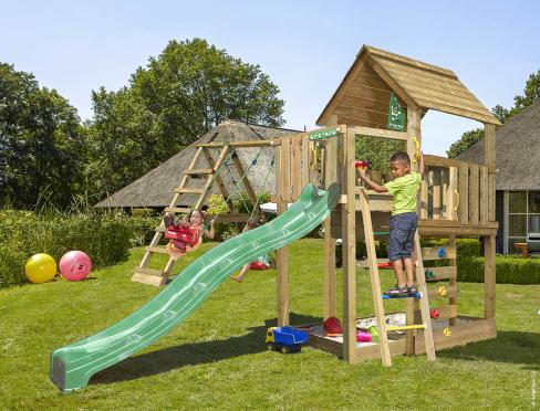 Jungle Cubby | Aire de jeux en bois avec balançoires et filet d'escalade